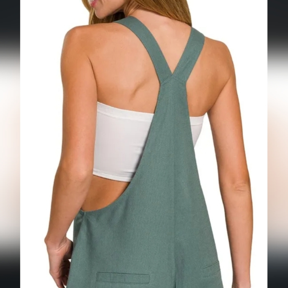 New Dark Olive Knotted Wide Leg Stretch Cotton Overall Jumpsuit - Picture 7 of 11